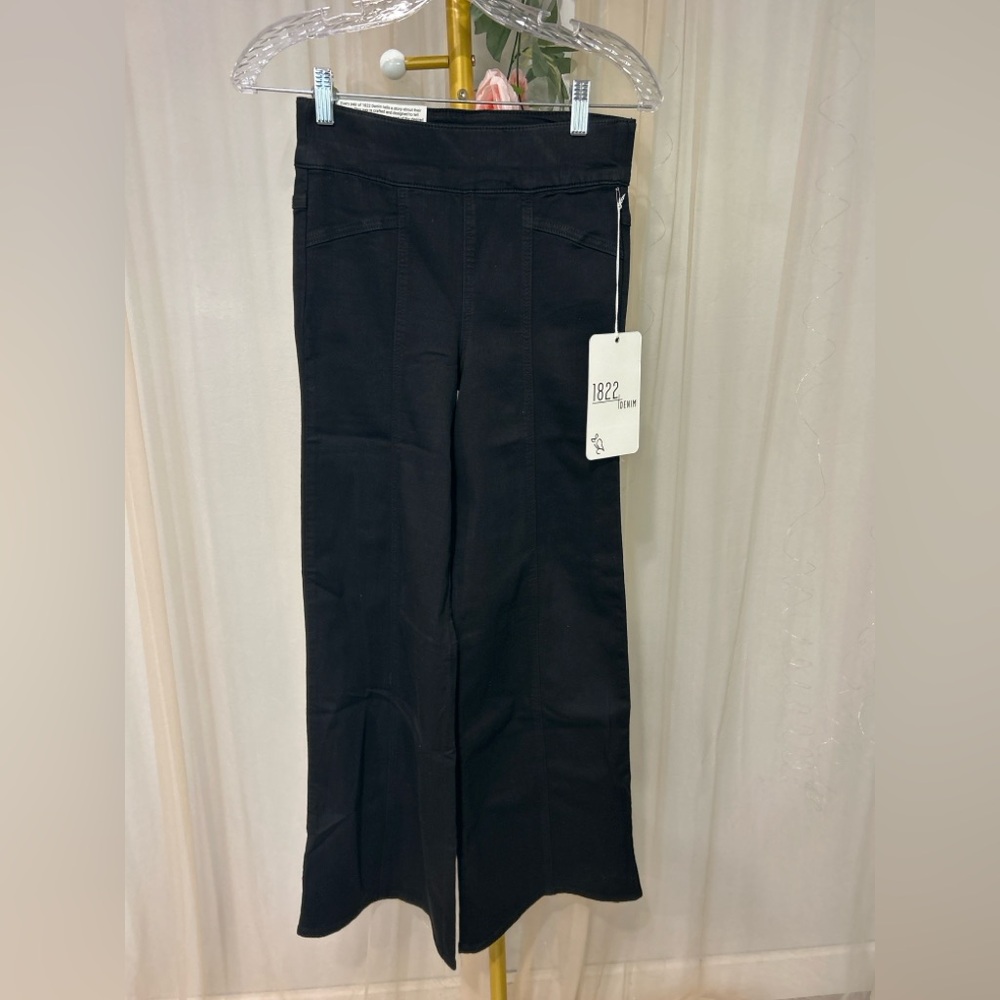 1822 Denim Silk Denim Wide Leg Jeans Black High Rise Pull On Wide Leg 0/25